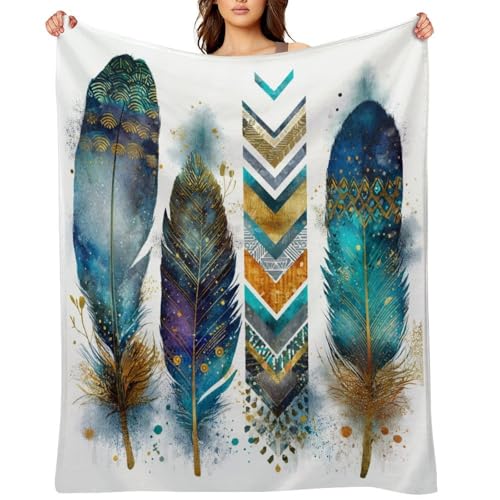 Blanket Feather Pattern Blue Throw Blanket for Women Men, 40"x50" Vintage Watercolor Gold Branch Plush Flannel Throws, Decor for Bed Couch Bedroom - color: Feather Pattern Blue, size: 40"x50"