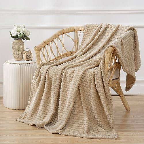 Puncuntex Flannel Fleece Beige Throw Blanket 50"×60",Super Soft Plush Cozy Blanket with 3D Jacquard Square Grid Design Luxury for Couch Sofa Chair,Khaki - color: Khaki, size: 50"×60"