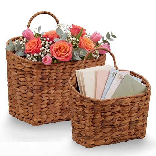 Set of 2 Red Brown Wicker Hanging Baskets for Front Door, Mail, Flowers & Organizing - color: Red Brown Water Hyacinth