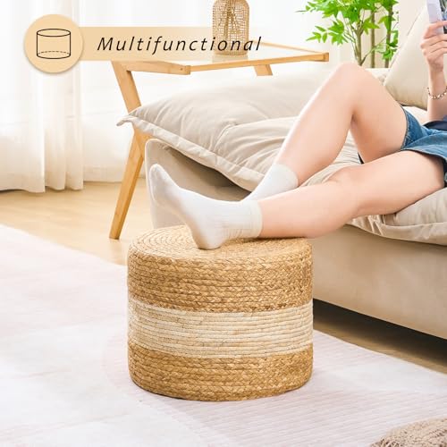 Handwoven Water Hyacinth Ottoman Pouf, Round Outdoor Footstool with Sturdy Frame, No Assembly Needed, Boho Accent Stool for Indoor & Outdoor Use – Patio, Balcony, Living Room (White) - color: White, size: 15.7"D x 15.7"W x 11.8"H