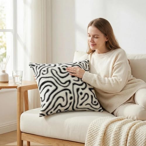 Mantle & Mason Throw Pillow Covers 18x18 Chenille Pillow Covers Set of 2, White Modern Abstract Luxury Textured Decorative Pillow Cover for Couch Sofa Bed Living Room - color: Artflow Black White, size: 18" x 18" (Pack of 2)