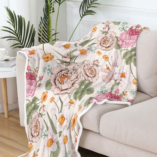 Botanical Floral Blankets Pink Floral Throw Blanket, Soft, Flannel, Warm, Spring Watercolor Floral Throw Blankets, Boho Flowers Aesthetic Bed Throws for Couch Bedroom Living Room 60X80 Inch - color: Pink-1, size: 60 X 80