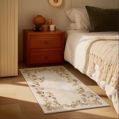 2x3 Washable Small Rugs for Entryway: Floral Door Mat Indoor Entrance Non Slip Rubber Backed Low Pile Soft Throw Area Rugs for Bedroom Kitchen Front Door Indoor Entrance Foyer Entry Farmhouse - color: Edge Floral Beige White, size: 2' x 3' (Rectangular)