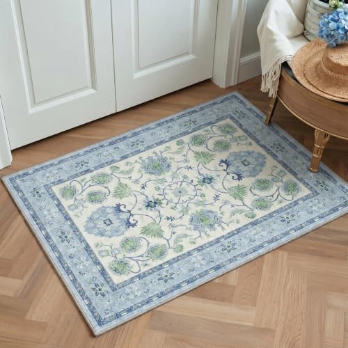 Bavni 2x3 Washable Entryway Rug, Boho Vintage Distressed Door Mat Non Slip, Low Pile Soft Carpet Stain Resistant, Small Thin Accent Floral Area Rugs for Bathroom, Kitchen, Nursery, Laundry, Blue Green - color: Blue Green, size: 2' x 3' (Rectangular)