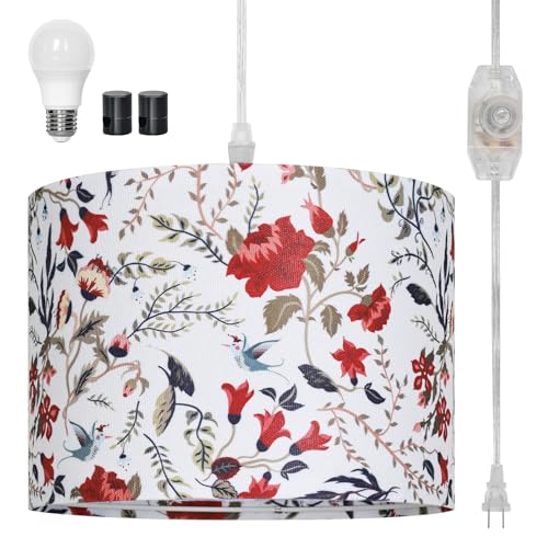 CINSARY Pendant Light with Flower Fabric Shade, Pendant Lights Kitchen Island with Dimmable Switch, Hanging Lamp with 15 ft Clear Cord, Hanging Lamp for Bedroom Dining Room Living Room (Bulb Included) - color: Flower-2