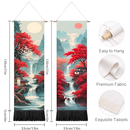 seewan 2 Pack Long Vertical Wall Tapestry, Boho Nature Landscape & Floral Aesthetic Wall Hanging for Bedroom Living Room Home Decor, Long Narrow Art Tapestry with Sunrise Mountain Botanical Designs, 13" × 51" (Crimson Forest Vista, 13"Wx51"H, Unframed) -