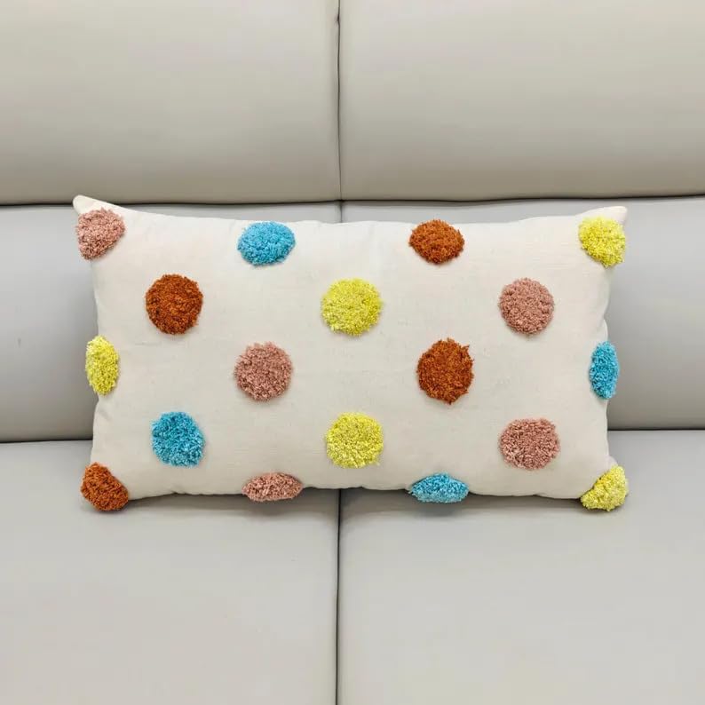 14x20 Multicolor Tufted Polka Dot Pillow Cover, Cream Cotton Boho Cushion Case