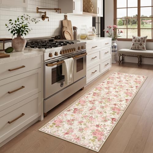 Lahome Floral Runners for Hallways Non Slip, 2x6 Washable Kitchen Runner Rug, Soft Boho Throw Carpet for Girls Bedside Bedroom Laundry Bathroom Nina Beige/Pink/Multi - color: Beige, size: 2' x 6' (Rectangular)