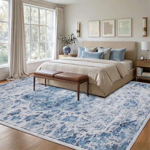9x12 Washable Area Rug for Living Room, Large Blue Boho Area Rug, Soft Low Pile Non Slip Carpet, Floral Print Mat for Bedroom, Dinning Room,Playroom, Nursery Farmhouse Indoor-Blue/Gray - color: Blue/Grey, size: 9' x 12' (Rectangular)
