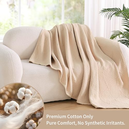 Premium 100% Cotton Blanket – All-Season Soft Breathable Bed Blanket for Queen Size – Lightweight Stylish Textured Throw for Bed– Giftable Cozy Bedding - color: Beige, size: Queen(80" x 90")