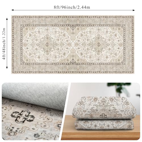 HILORUUG Washable Oriental 4x8 Rug: Indoor Non Slip Area Rugs for Kitchen Hallway Entry - Ultra Thin Low Pile Stain Resistant Front Door Mat - Home Decor for Vintage Style Lover - 4x8 Ivory - color: Ivory, size: 4' x 8' (Rectangular)