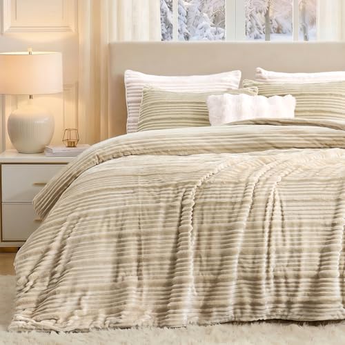 Amélie Home High-End Fleece Twin Comforter Set,Cozy Warm Striped Plush Bedding Set, 3 Pieces, 1 Cozy Comforter with 2 Pillowcases, Beige, 68"x90" - color: Striped Beige, size: Twin (68"x90")