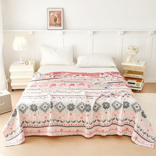 MEJU Boho Indian Pink Gray Stripes Checks Muslin All Season Reversible Blanket for Bed Sofa Couch 100% Combed Cotton Soft Warm Bedspread Throw Blanket Bed Coverlet Full Queen 80 in x 90 in - color: Boho Pink, size: F/Q 80 in x 90 in