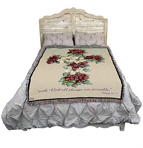 Poinsetta Cross Blanket by Parker Fulton - With God All Things Are Possible - Scriptures Mark 10:27 - Sympathy Bereavement Gift Tapestry Throw Woven from Cotton - Made in the USA (72x54) - color: Poinsetta Cross, size: 72" x 54"