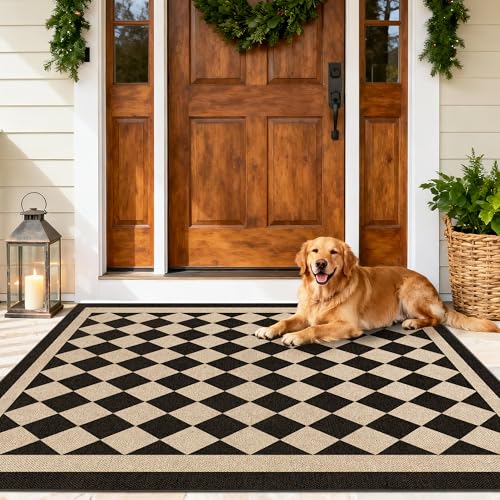 Washable Checkered Easy Jute Rug 3x5, Black Checkerboard Boho Geometric Outdoor Indoor Patio Small Rugs, Woven Non Slip Thin Neutral Carpet Door Mat for Bedroom Entryway Front Door Farmhouse - color: Checkerboard -1 Black, size: 3' x 5'