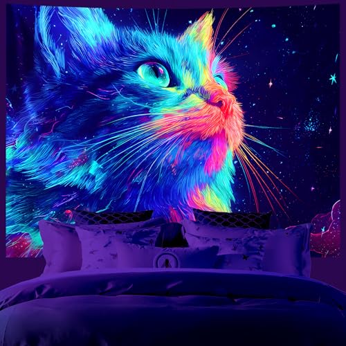 AOHMPT Blacklight Tapestry Glow in the Dark Tapestry Cat Design 59'' × 51'' Inch Wall Hanging Decor for Bedroom Living Room - color: Cat, size: 59"L x 51"W