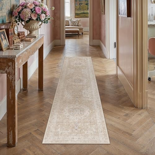 HUGEAR Hallway 2x8 Runner Rugs Machine Washable Rugs Vintage Beige Non-Shedding Low Pile Persia Throw Carpet Non Slip for Living Room Bedroom Dining Room Kitchen Office Home Decor - color: Beige Ⅱ, size: 2' x 8' (Runner)