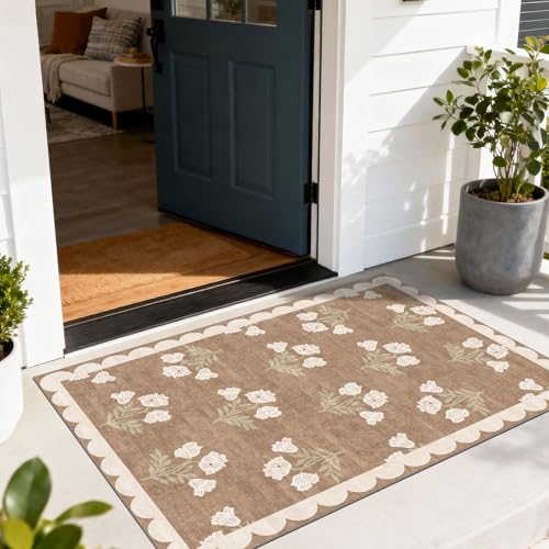 Floral Outdoor Rug - 28" x 43" Spring Front Door Mat Indoor Outside Entrance Non-Slip Washable Outdoor Mat Tan Boho Neutral Farmhouse Throw Rugs for Entryway Kitchen Bedroom Front Porch Decor - color: Flower - Brown, size: 2'4" x 3'7" (Rectangular)