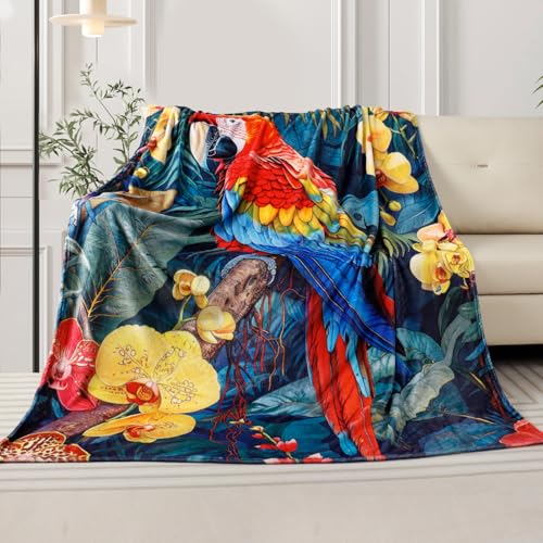 Parrot Bird Throw Blanket Gifts for Women Tropical Floral Plant Blankets Animal Macaw Print Bed Blanket Soft Cozy Flannel Fleece Throw Blanket for Couch Bed 50” x 60” - color: Parrot, size: 50" X 60"