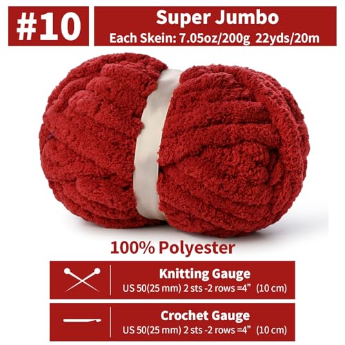 10 Pack Jumbo Chenille Yarn for Crocheting, #10 Super Bulky Baby Soft Yarn for Hand Knitting, 220 yds /70.5 oz Fluffy Chunky Knit Throw Blanket Yarn (Burgundy) - color: Burgundy