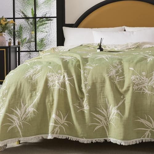 Lemfux 4-Layer 100% Cotton Muslin Cooling Blanket, Boho Floral Gauze Throw with Fringe, Ultra Soft Breathable Lightweight Bedspread Coverlet for Bed Sofa Couch - color: Green Leaves, size: 80"x90"