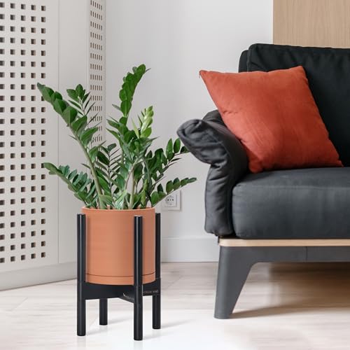 D'vine Dev Terracotta Planter with Ebony Stand - 8 Inch Modern Round Flower Pot with Wood Planter Holder, Terracotta, 55-B-M-5 - color: Terracotta Pot + Ebony Stand, size: 8 Inch