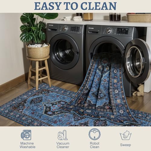 Tangsoo Blue 2x3 Washable Rugs for Entryway Oriental Non Slip Small Area Rug, Vintage Indoor Front Door Rug, Print Door Mat Indoor Entrance Soft Low Pile Throw Rug for Entry Kitchen Bedroom Blue/Black - color: Blue/Black, size: 2' X 3' (Rectangular)