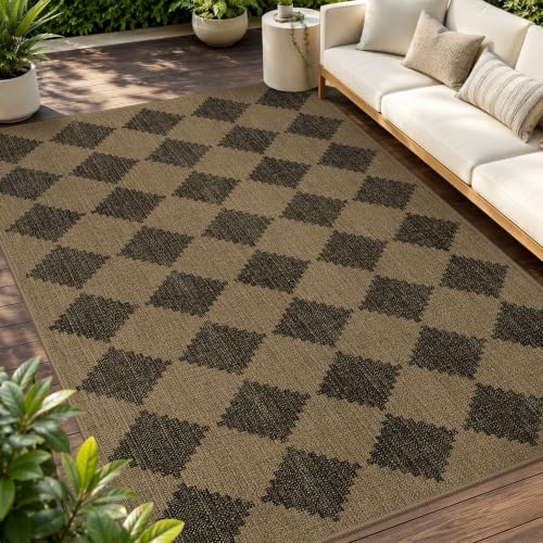 GENIMO Indoor Outdoor Area Rug 5'x8', Checkered Easy Jute Rug Machine Washable, Easy-Cleaning, Non Slip Geometric Outdoor Carpet for Patio, Living Room, Backyard, Porch, Deck, Balcony, Diamond Brown - color: Diamond Brown, size: 5' x 8' (Rectangular)