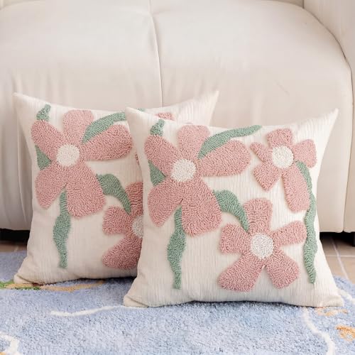 Summer Floral Throw Pillow Covers 18x18 Inch Set of 2, Chenille Embroidered Pillowcase with 3D Tufted Pink Flowers Sage Green Leaves, Boho Decorative Cushion Covers for Couch Sofa Bed - color: Pink, size: 18" x 18" (Pack of 2)