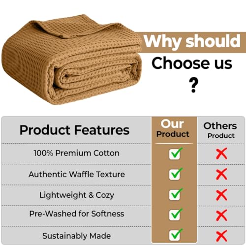 100% Cotton Blankets for Bed - Waffle Weave Blankets for Summer, Lightweight and Breathable Soft Woven Blanket for Spring (Orange, Queen (90" x 90")) - color: Beige, size: Queen (90" x 90")