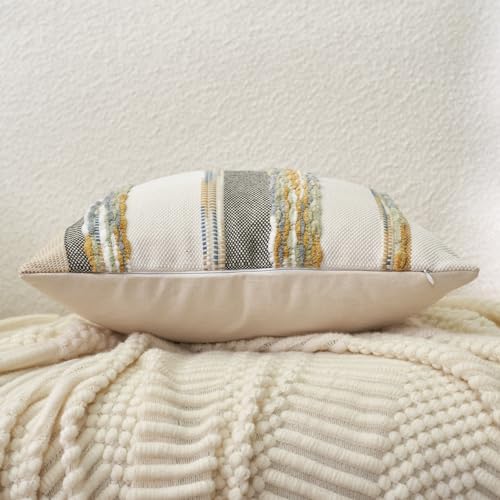Aeckself Boho Throw Pillow Covers 18x18 Inch Set of 2, Farmhouse Decorative Striped Square Pillow Covers Chenille Tufted Pillow Cases Accent Neutral Pillowcase for Living Room Couch Bed, Yellow-Gray - color: Yellow