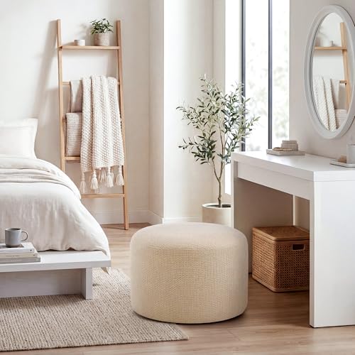 Boho Round Ottoman, Soft Pouf Ottoman, Farmhouse Footstool with Soft Padded Seating & Solid Wood Frame, Upholstered Vanity Stool Accent Seat for Living Room, Bedroom, Beige Woven Linen - color: Beige Weaving Linen Rope, size: Set of 1