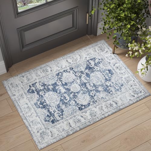 jinchan Fiora Floral 2x3 Rug for Entryway - Vintage Washable Area Rug Ultra-Thin Low Pile Soft Small Non Slip Distressed Indoor Door mat Accent for Entrance Kitchen Bathroom Bedroom (2x3ft, Dark Blue) - color: Distressed Dark Blue, size: 2' x 3' (Buttery