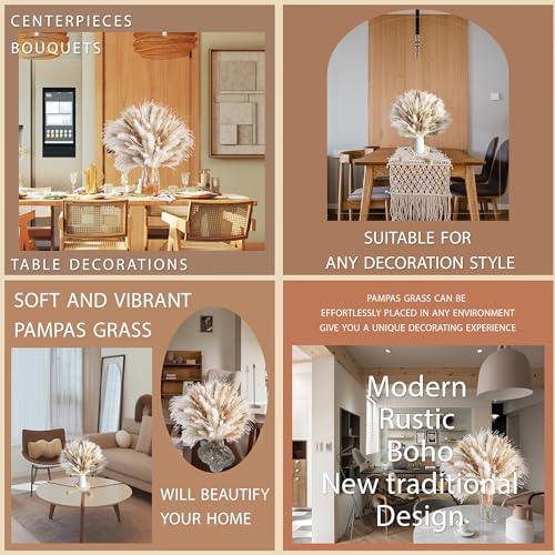 150pcs Pampas Grass + 1 White Ceramic vase + 1 Wood Bead Garland , Boho Home Decor Bouquet Phragmites Dried Flowers Bouquet for Wedding Floral Arrangements Home Decorations - size: 150 Pcs