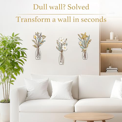 3 Piece Metal Flower Wall Art for Bedroom Living Room Rustic Farmhouse Floral Wall Decor for Bathroom Dining Room Boho Home Decorations Modern Minimalism Walls Hanging Sculptures(Gold Yellow White) - color: Gold Yellow White & Vase Flower
