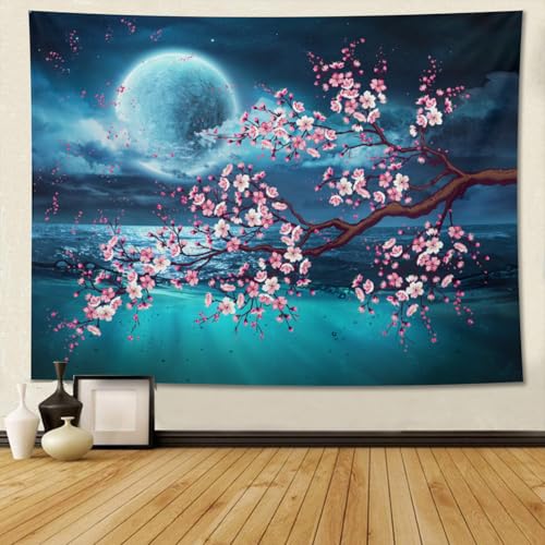 Keiutexe Full Moon Over Ocean Tapestry 80" X 60" Japanese Cherry Blossom Wall Hanging Party Decorations Home Decor For Bedroom Living Room Dorm (200 X 150cm) - color: Full Moon, size: 80 X 60 Inch