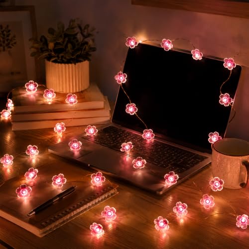 USB/Battery Operated 13ft Copper Wire 40LED Pink Cherry Blossom Fairy Light | Flower-Shaped Fairy Lights String – Indoor & Outdoor Hanging Decor for Valentine's Day, Mother's Day, Wedding Parties - color: 13ft Pink Flower Lights