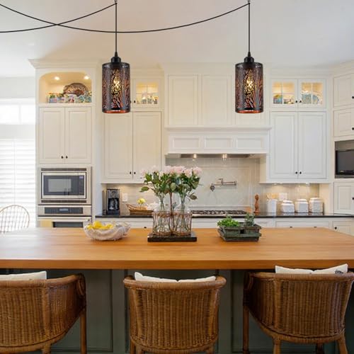 Industrial Black Plug in Pendant Light Vintage Mini Black Gold Hanging Lighting Rustic Hollow-Carved Cylinder Plug-in Pendant Light for Kitchen Island, Bedroom, Dining Room, Hallway - color: Black & Gold Plug-in