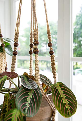 Mkono Macrame Plant Hanger Indoor Jute Hanging Planter Basket with Wood Beads Decorative Flower Pot Holder No Tassels for Indoor Outdoor Boho Home Decor 35 Inch, Brown, Set of 1 (POTS NOT Included) - color: Brown