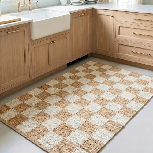 Homespice Mesa White & Tan Checkered Jute Rug 3x5' - Dense & Thick Premium Handmade Jute Rugs for Kitchen and Hallway, Reversible, Lays Flat, Won't Fray or Shed - color: Mesa, size: 3' x 5' (Rectangular)