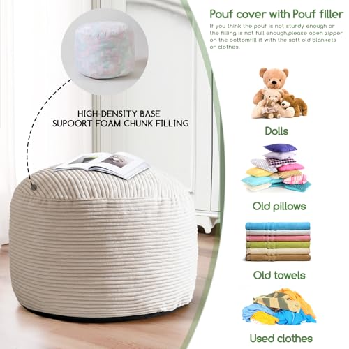 HIGOGOGO Round Stuffed Pouf Ottoman, Corduroy Poufs with Foam Chunk Filling, Furry and Fluffy Pouf Foot Stool Storage Ottoman, 26 X 18 Floor Poufs Foot Rest for Living Room, Beige - color: Beige, size: 26"D x 26"W x 18"H