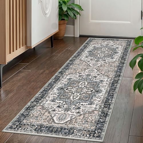 KOZYFLY Runners for Hallways 2x5 Ft Washable Kitchen Runner Rug Boho Runner Rug for Entryway Indoor Printed Oriental Faux Wool Floor Carpet Runner for Laundry Room Kitchen Hall, Black/Taupe/Beige - color: Black/Taupe/Beige, size: 2' x 5' (Runner)
