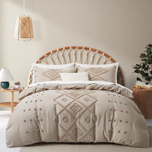 Oli Anderson Tufted Duvet Cover King Size, Soft and Lightweight Duvet Covers Set for All Seasons, 3 Pieces Boho Embroidery Shabby Chic Bedding Set (Khaki, King, 104"x90") - color: Khaki, size: King(104"×90")