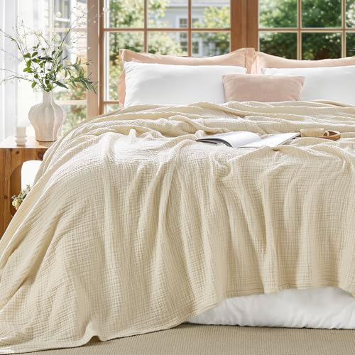 BEDELITE 100% Cotton Muslin Blankets for Adults - 4-Layer Queen Size Breathable and Lightweight Gauze Blanket for Couch, Bed, Travel and Summer, Soft & Cozy Gift for Women, Beige, 90"x90" - color: Beige, size: Queen(90"x90")