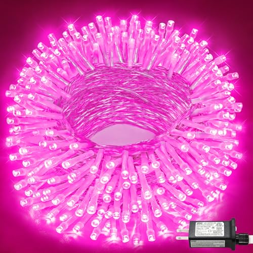 100FT 300 LED Outdoor String Lights, Plug in Connectable Christmas Lights Indoor Waterproof, 8 Modes Clear Wire String Lights for Outside Bedroom Wedding Garden Patio Party Decorations, Pink - color: Pink, size: 100ft 300LED