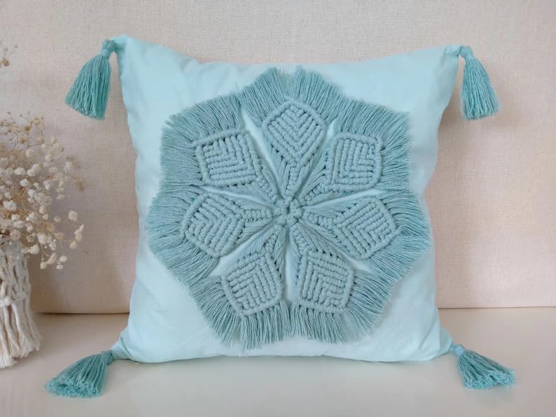 Boho Macrame Floral Throw Pillow Cover with Corner Tassels, Light Turquoise Hand Knitted Fringe Decorative Square Cushion Case for Sofa Couch Bedroom Home Decor, 18x18 Inch (Pillow Insert Not Included