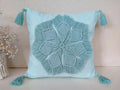 Boho Macrame Floral Throw Pillow Cover with Corner Tassels, Light Turquoise Hand Knitted Fringe Decorative Square Cushion Case for Sofa Couch Bedroom Home Decor, 18x18 Inch (Pillow Insert Not Included