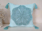 Boho Macrame Floral Throw Pillow Cover with Corner Tassels, Light Turquoise Hand Knitted Fringe Decorative Square Cushion Case for Sofa Couch Bedroom Home Decor, 18x18 Inch (Pillow Insert Not Included