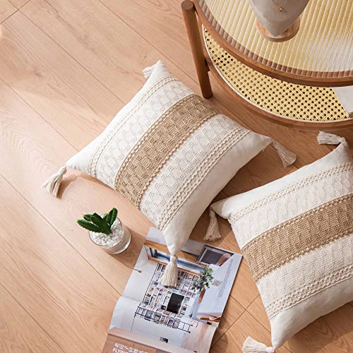 Woven Farmhouse Accent Decorative Throw Pillow Cover for Couch Sofa Cotton & Jute Striped Neutral Pillowcase for Living Room Bedroom Patio, 18 x 18 Inch, Natural Beige, Single Stripe - color: 1 Pack Single Stripe 18"x18"