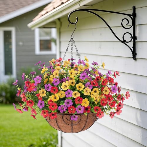 Ammyoo Artificial Faux Hanging Plants Flowers Basket for Spring Outdoor Decoration, Fake Silk Daisy UV Resistant Look Real with Eucalyptus Leaves Summer Outside Decor for Home Patio Garden - color: Red Purple Yellow
